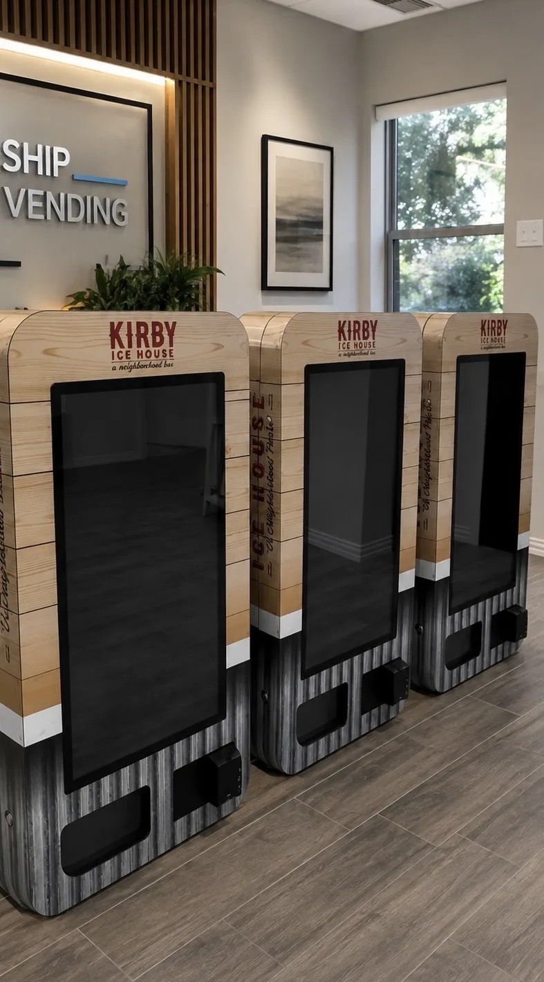 Three Kirby Ice House vending kiosks staged at the Ship Vending shop