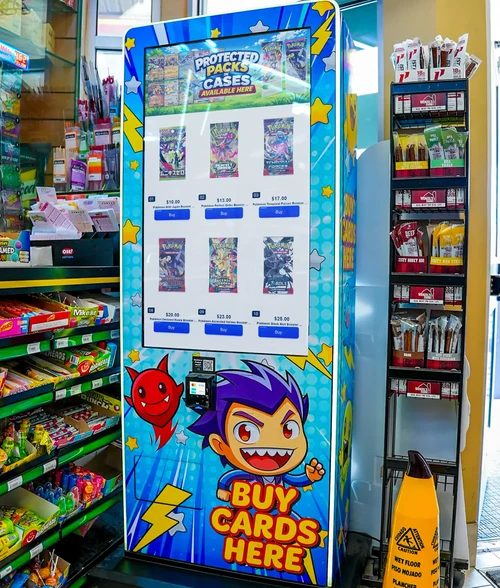 Trading card vending kiosk near a convenience store checkout